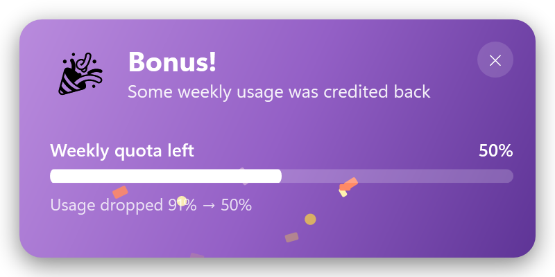 Bonus! toast — weekly usage credited back (violet)