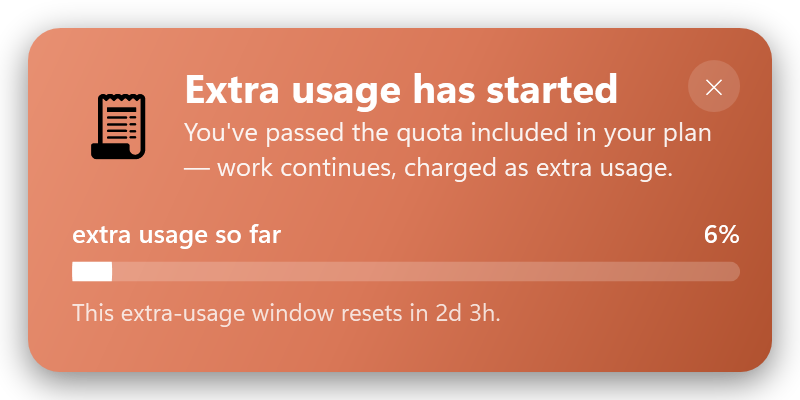 Extra usage has started — past the quota included in your plan (clay)