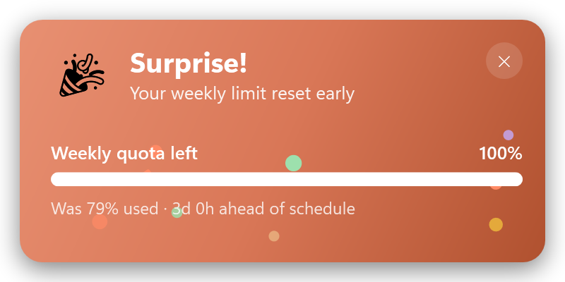 Surprise! toast — weekly limit reset early (clay/coral)
