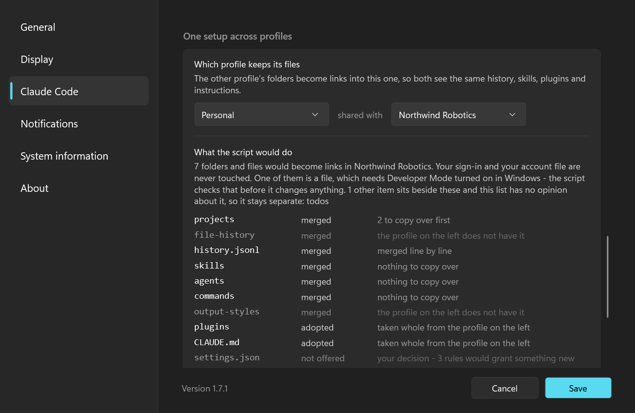 Settings, Claude Code: One setup across profiles — which profile keeps its files, and per folder whether it is merged, adopted, not offered or never linked