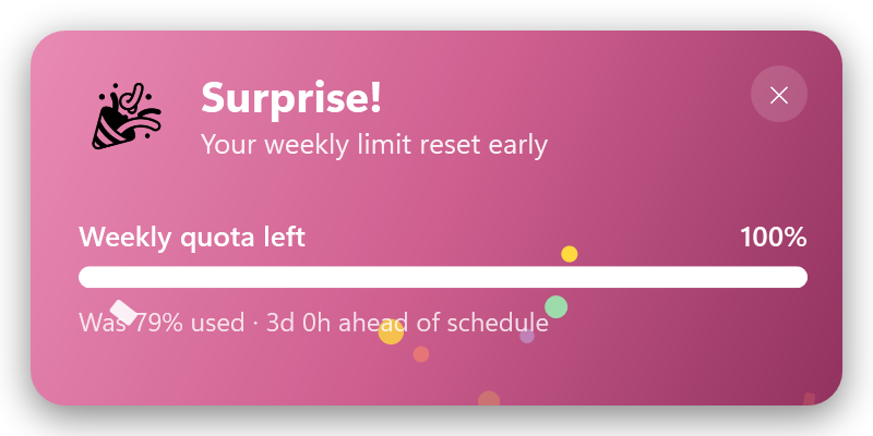 The Surprise! toast — the weekly limit reset ahead of its scheduled deadline
