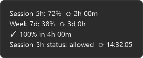 The tray tooltip: session and week usage, the projection, and what the rate limit says