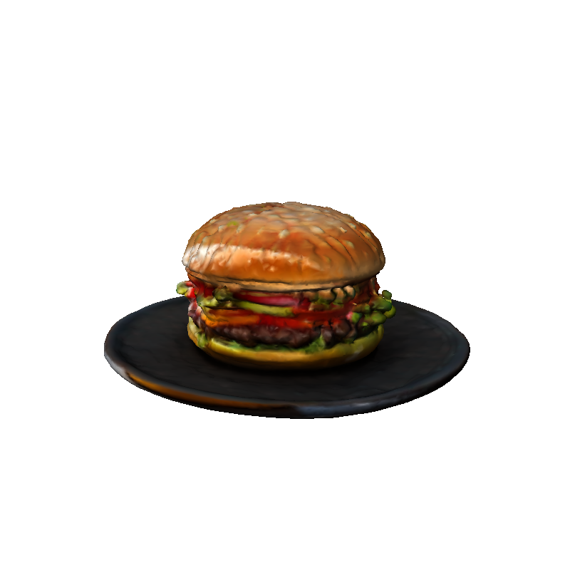 The 3D model of the burger and its plate, seen from the front and a little to the side.