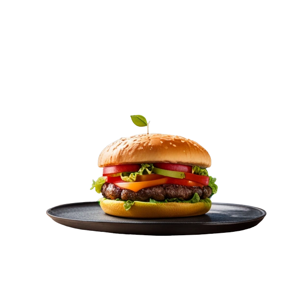 The photo: a burger with lettuce and tomato on a dark plate.
